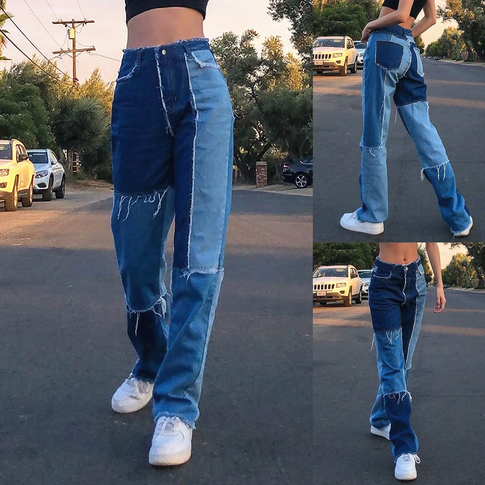 

Special stitching women's denim trousers with contrast high waist and slim casual straight pants pantalon femme SAGACE 2021