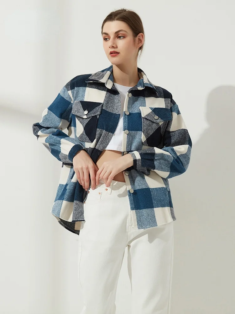 

Womens Plaid Shirt Jacket Coat Ladies Pockets Thick Turn Down Collar Plus Size Female Outerwear