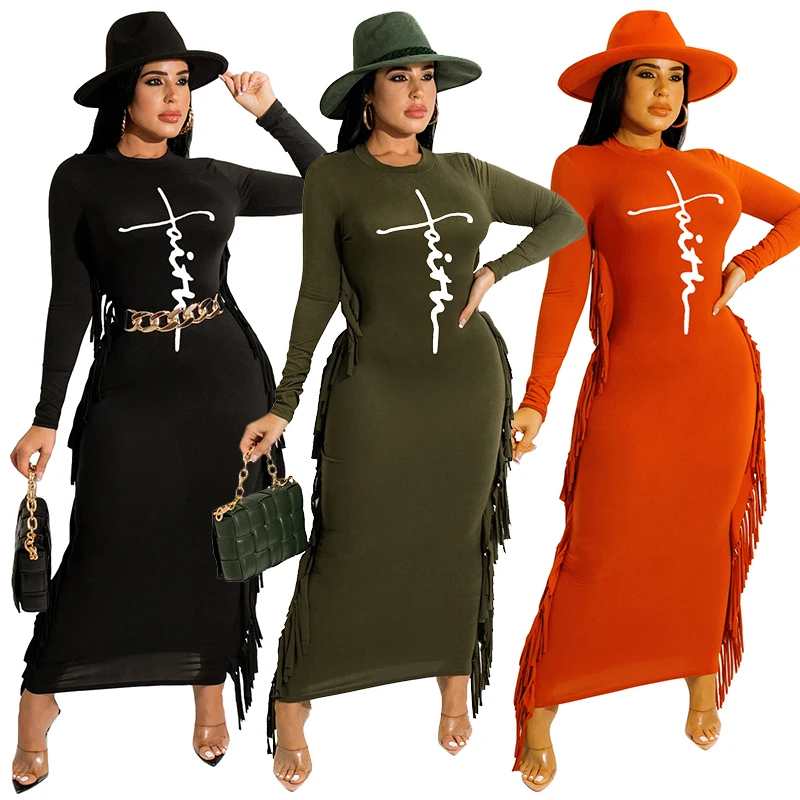Облегающее платье ZKYZWX с кисточками и буквенным принтом элегантная винтажная