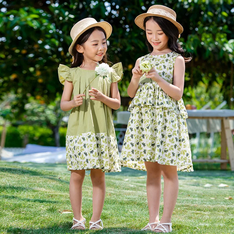 

2020 Summer New Sleeveless Girls Dresses Leaves Patchwork Baby Girls Dresses Brief Fashion Kids Dresses for Girls, #8401