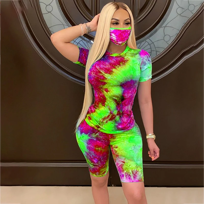 

Tie-Dyeing Print Outfits Women O Neck Short Sleeve 2Pcs Set Slim Set Women Tracksuit T-shirt Top Training Suit Streetwear 2021