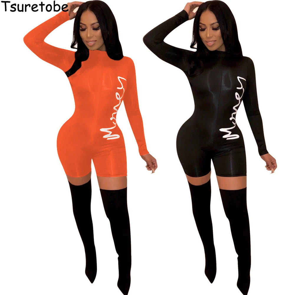 

Tsuretobe Letter Print Playsuit Women Autumn Skinny Jumpsuit Long Sleeve Party Club Romper Bodycon Overalls O-Neck Female