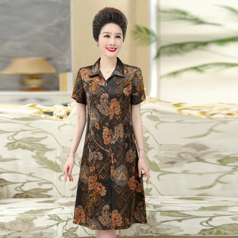 

Summer Middle Aged Women Flower Print Silk Satin Shirt Dresses Red Black Blue Graphics Pattern Turn Down Collar Front Slit Robe