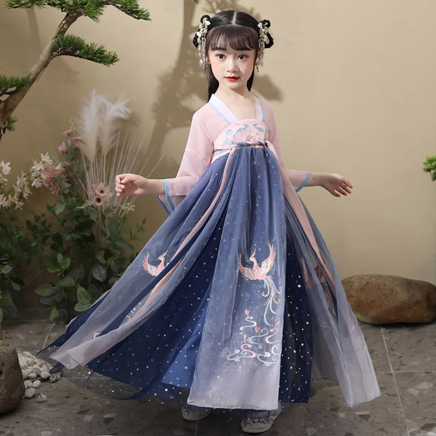 

Традиционные китайские костюмы Hanfu для девочек, старинный ретро костюм Тан, новый год, Ципао для танцев кимоно, одежда для малышей