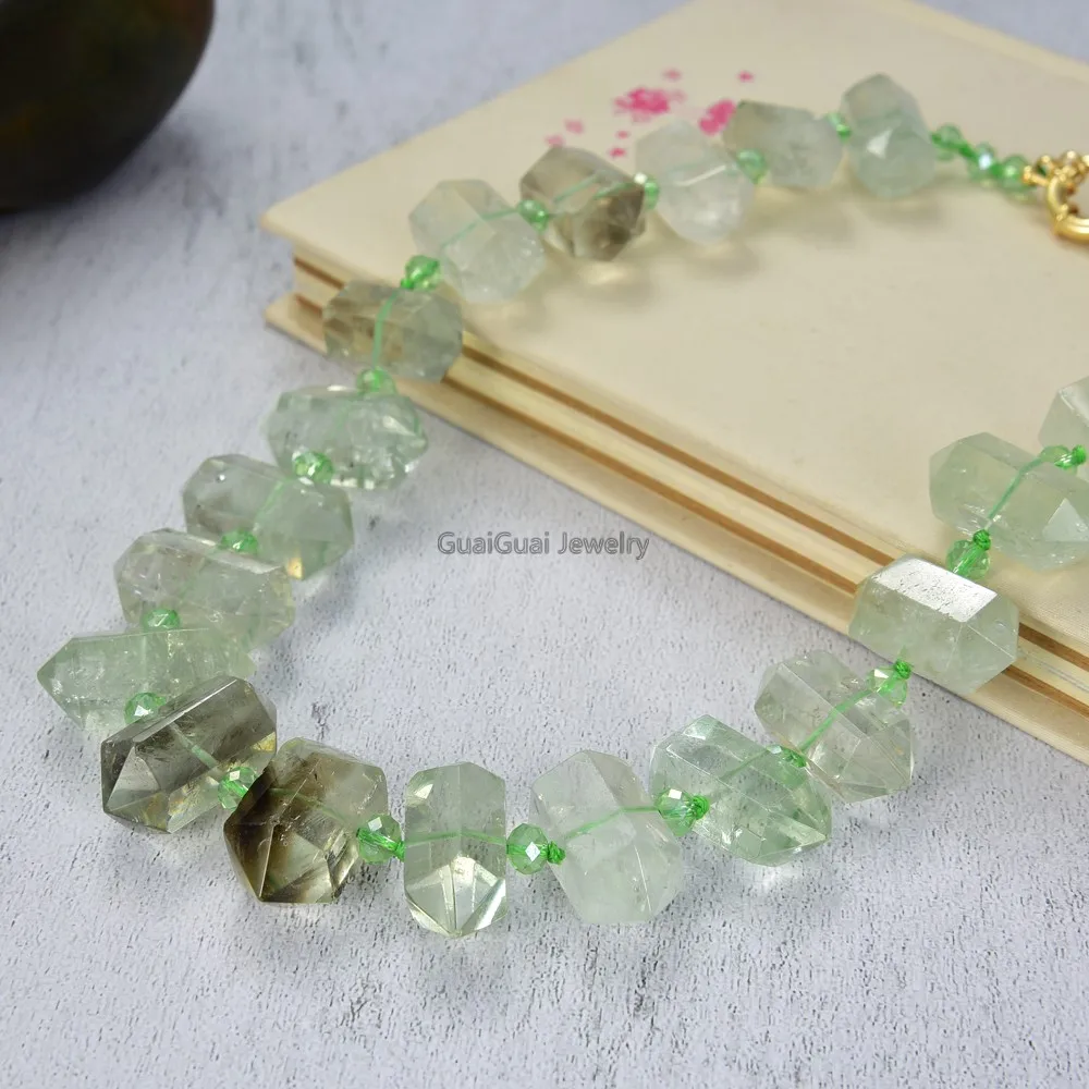 

Natural Green Amethyst Prasiolite Double Terminated Pointed Prehnite Necklace