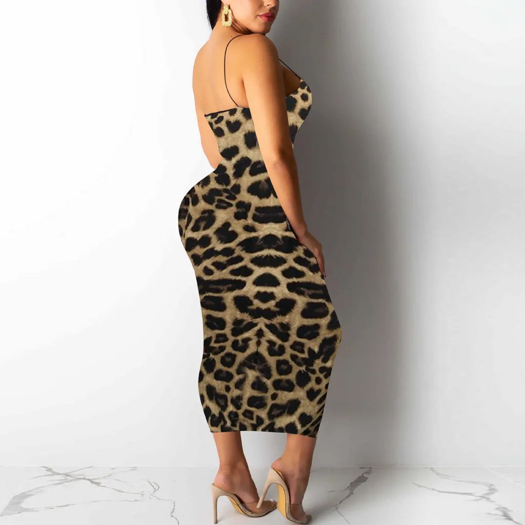 Модное женское платье на бретельках сексуальное леопардовое без рукавов