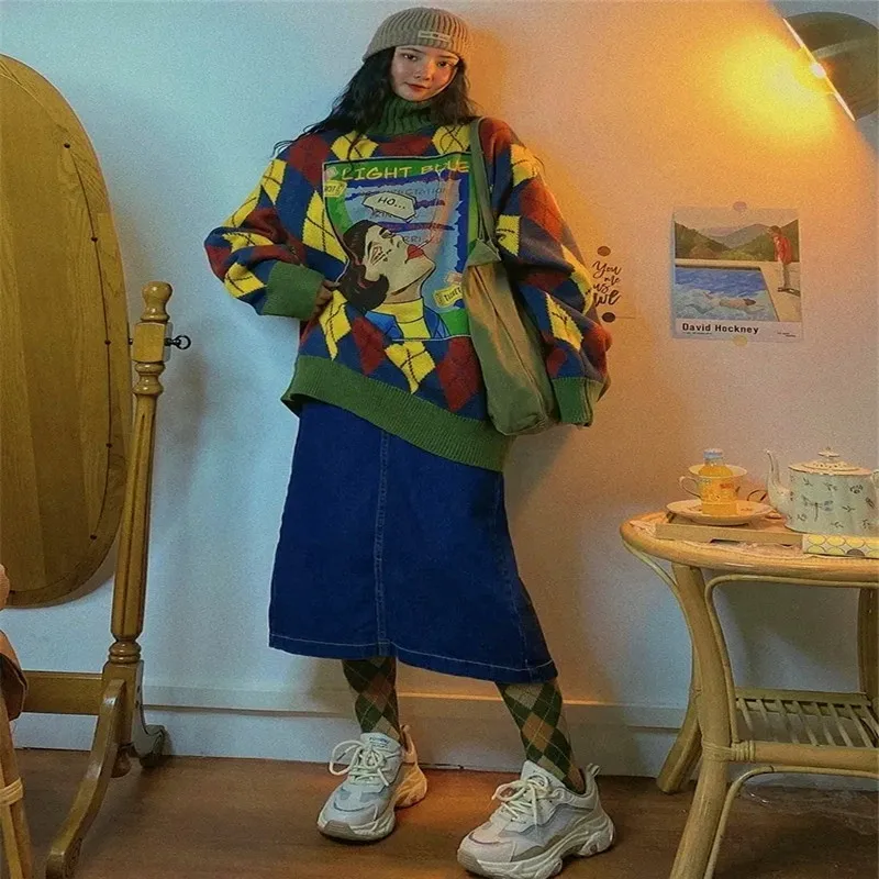 

Женский вязаный пуловер с высоким воротником, Свободный теплый длинный свитер оверсайз с аппликацией, зимний плотный свитер, 2021