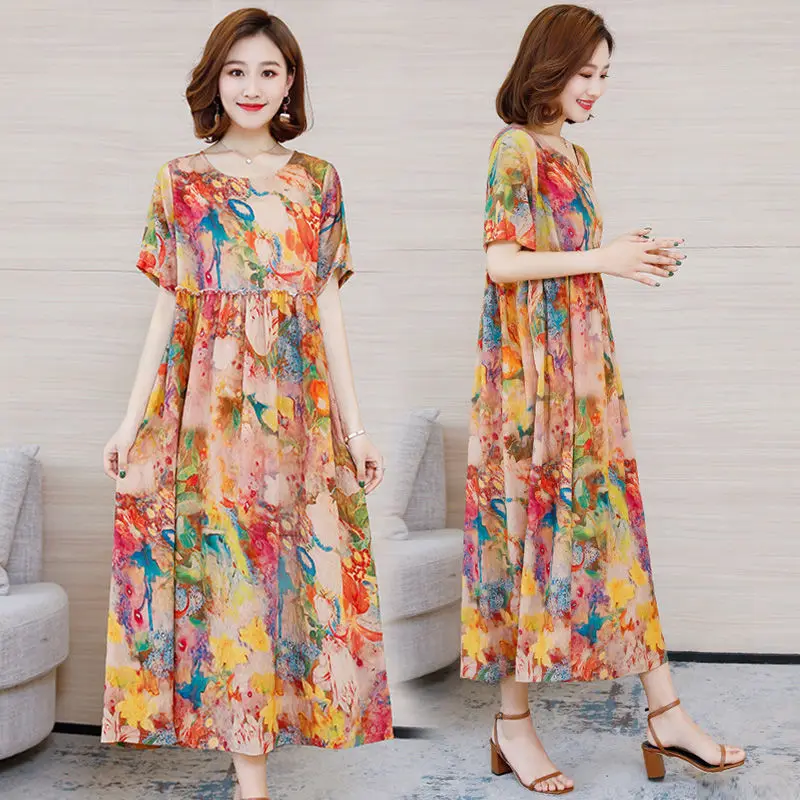 Женское платье с круглым вырезом повседневное свободное элегантное цветочным