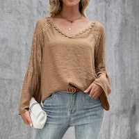summer women shirts thin lace patchwork v neck long sleeve casual loose elegant shirts tops female solid office work blouses