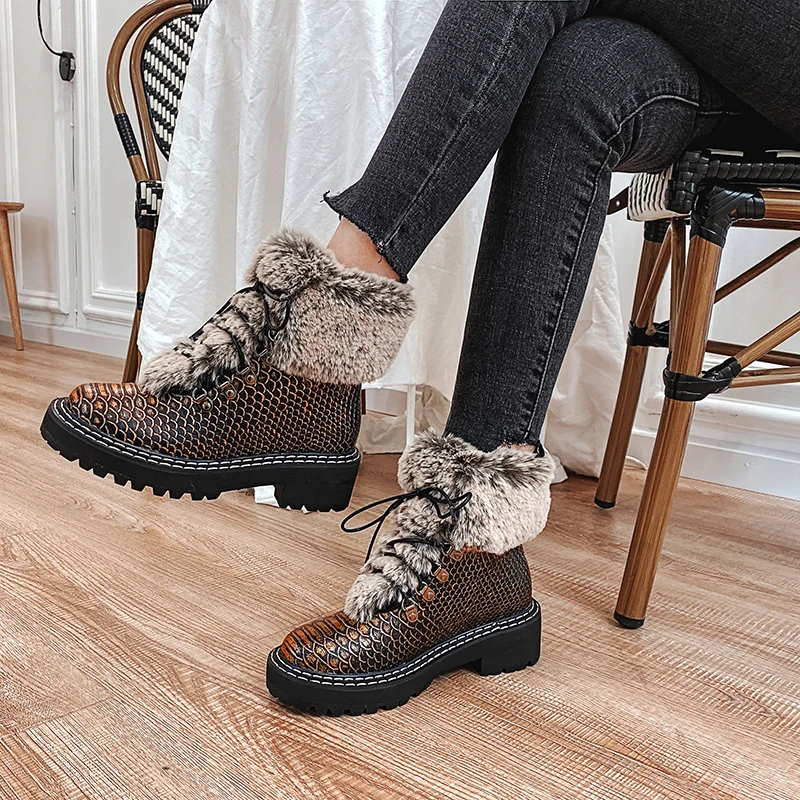 

2020 Winter New Platform Women's Leather Thick Heel Martin Boots Female Snake Print Thick Bottom Plus Velvet Warm Fur Snow Boots