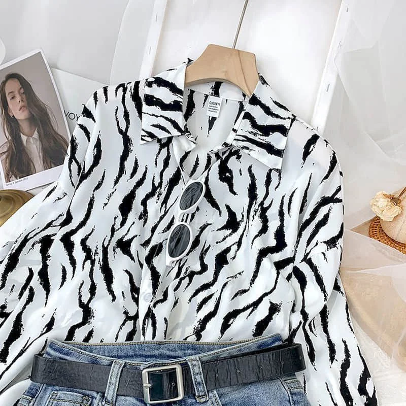 Женская свободная рубашка с леопардовым принтом длинным рукавом - купить по