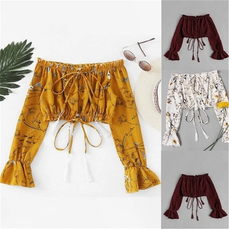 

Летняя Модная женская сексуальная шифоновая футболка с открытыми плечами и длинным рукавом с цветочным принтом, лидер продаж, весенние топ...