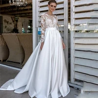 lace long sleeves a line wedding dress 2021 vintage satin lace pleated buttons back bridal gowns formal bride dress simple