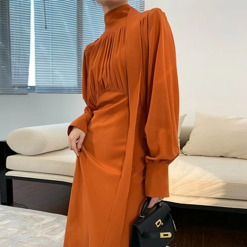 Однотонное элегантное дизайнерское платье женское осеннее платье-миди в стиле