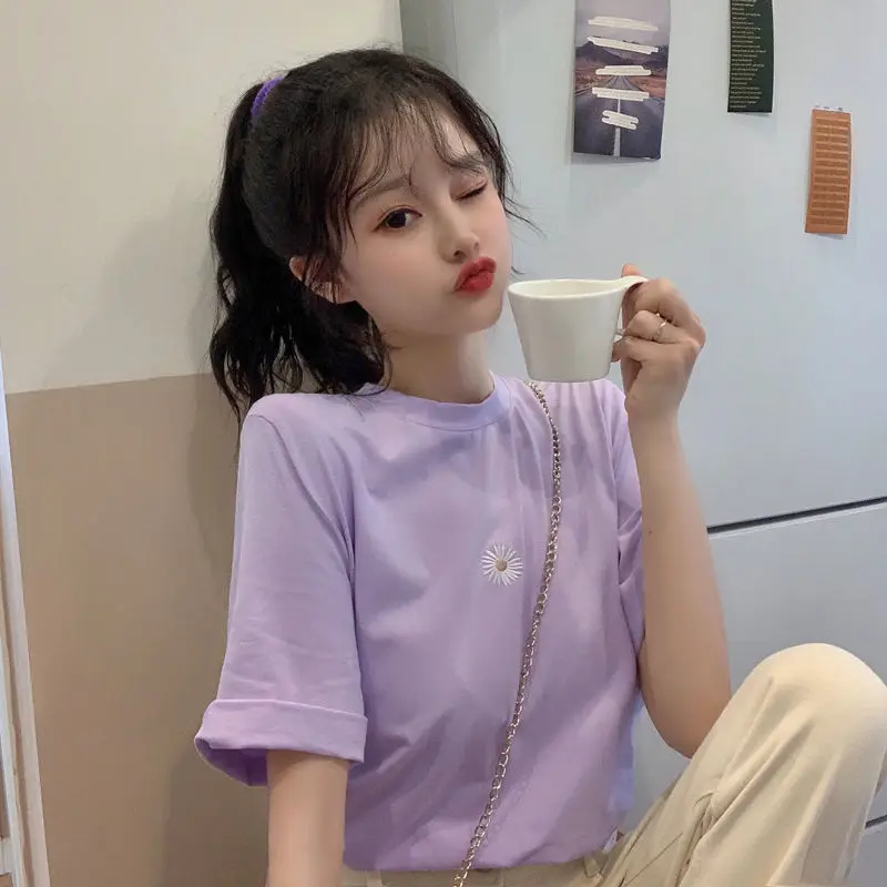 Футболка с маргариткой Женская Ins модная простая Свободная кофта для студенток и