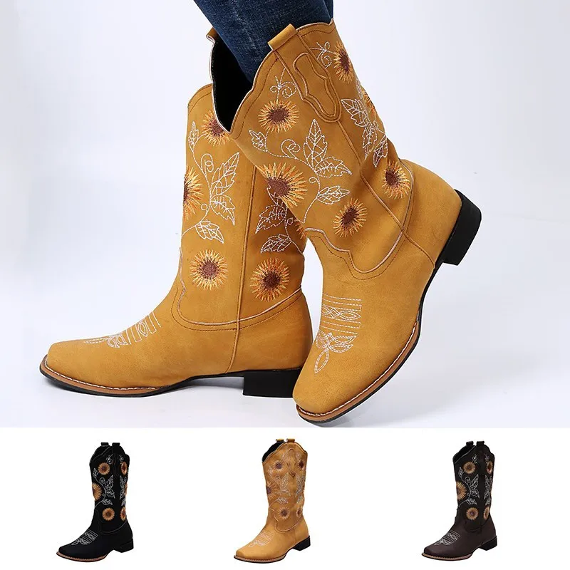

Женские ковбойские сапоги в западном стиле, высокие сапоги до середины икры из мягкой искусственной кожи с квадратным носком, в стиле панк, ...