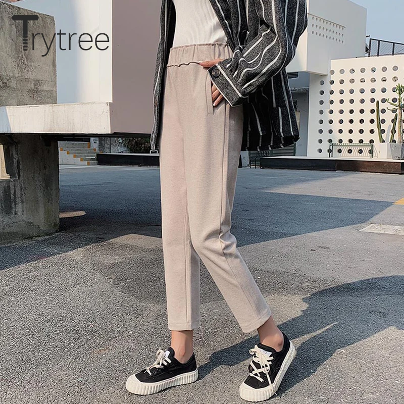 Trytree 2020 осень зима женские повседневные брюки модные однотонные 3 цвета Карманы