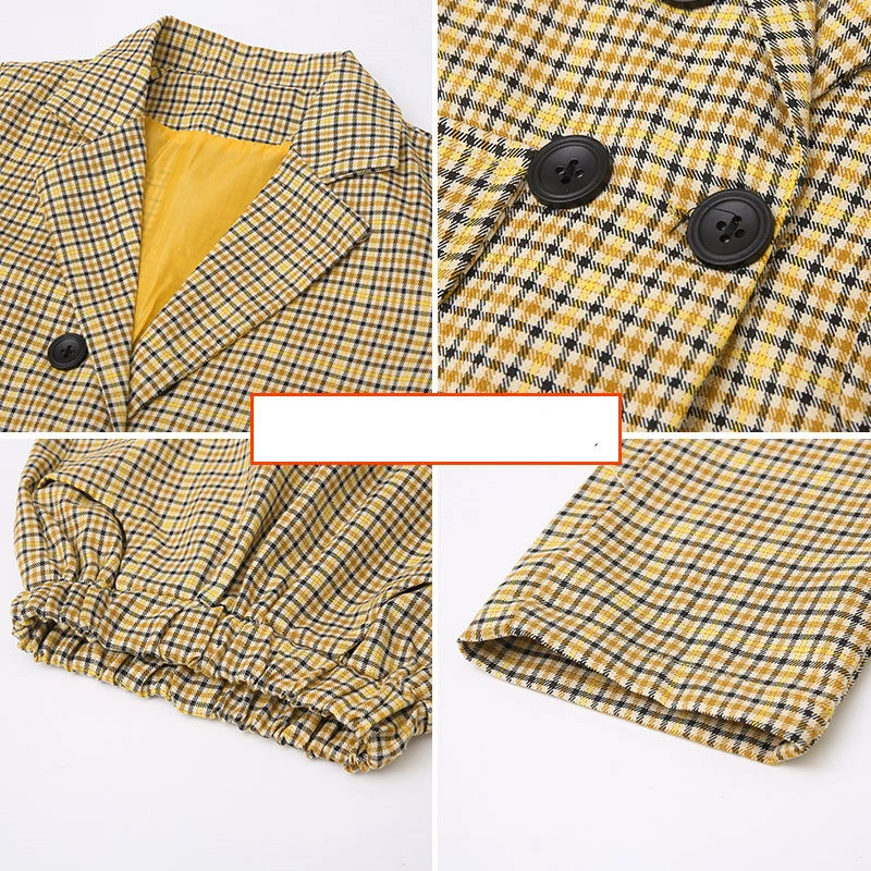 

2020 Retro Plaid Blazer Set For Girls Two Piece Children's Suits For Party Wedding Outfit Vintage Kids Blazer For 4 5 7 9 11 13T