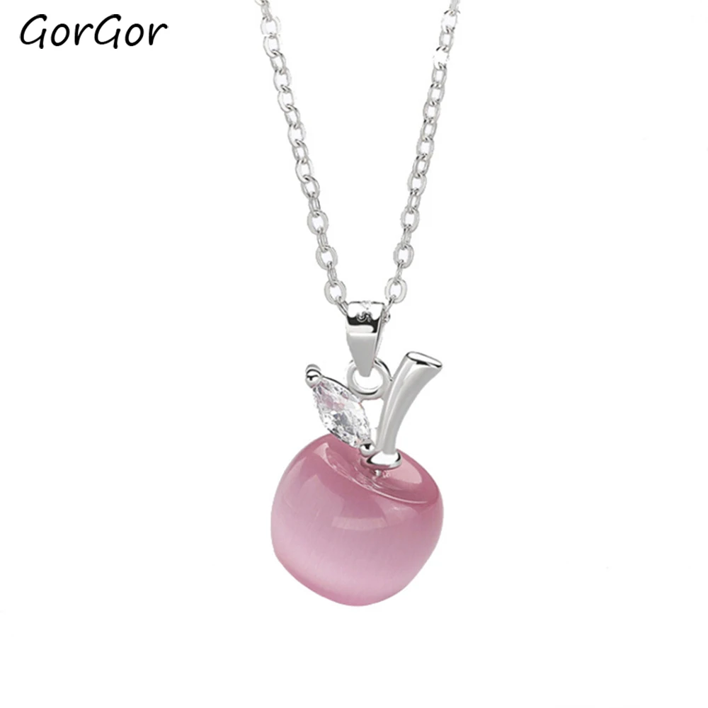 

GorGor Pendant Women 925 Sterling Pattern Apple Shape Moonstone Simplicity Christmas Gift Temperament Fashion Jewelry A118
