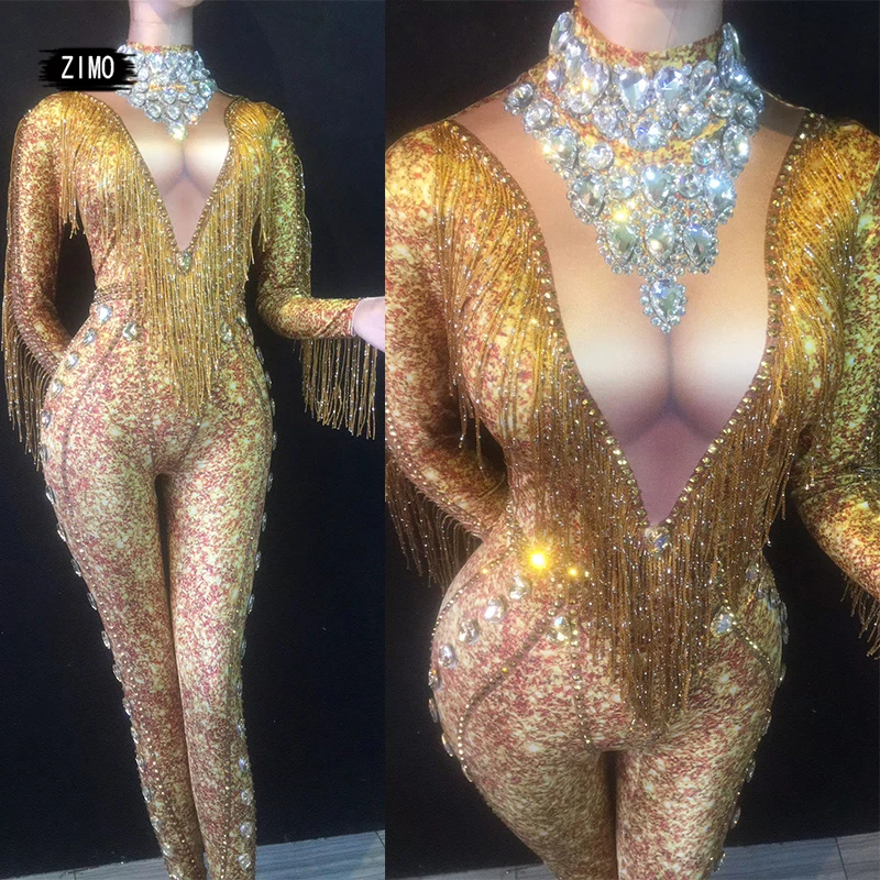 sparkly Gold Long SleeveTassel DJ nightclub Party Bodycon crystal rhinestone Jumpsuit pole stage celebrate Sexy Dancer Costumes