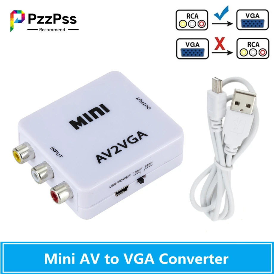 Мини-видеоконвертер PzzPss 1080P RCA AV на VGA, видеоконвертер, конвертер с 3,5 мм аудио AV2VGA / CVBS + аудио на ПК HDTV