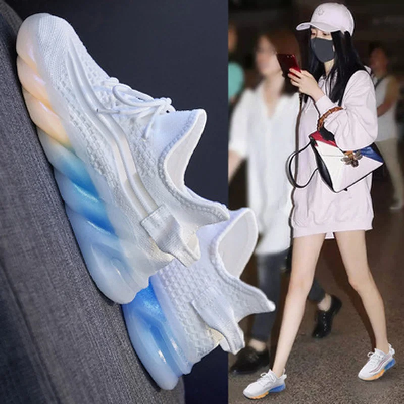 

2021 New Women Clunky Sneakers Youth Vulcanize Shoes Breathable Mesh Female Dorky Shoes Thick Rainbow Sole Women Casual Sneakers