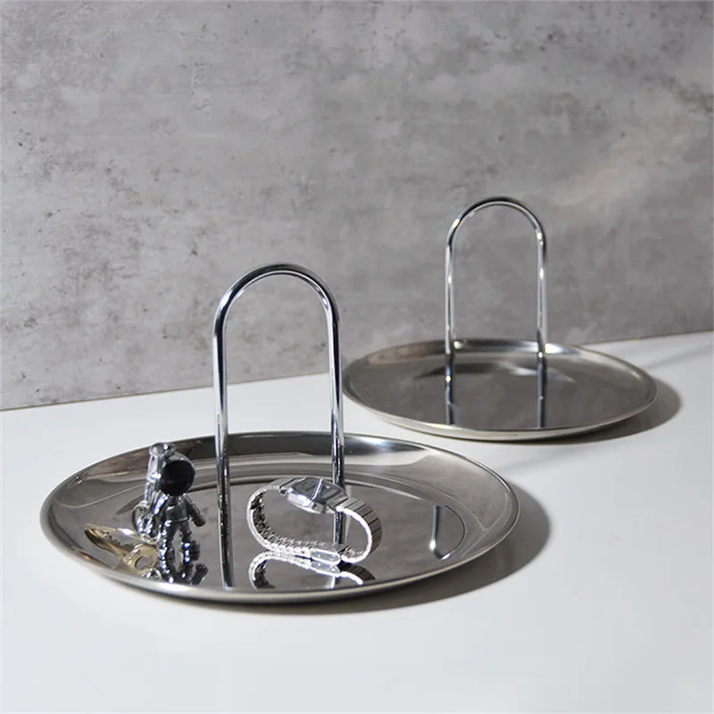 

Electroplating U-shaped Portable Handle Round Decorative Tray Living Room Sundries Desktop Storage Tray Display Plate Home Decor