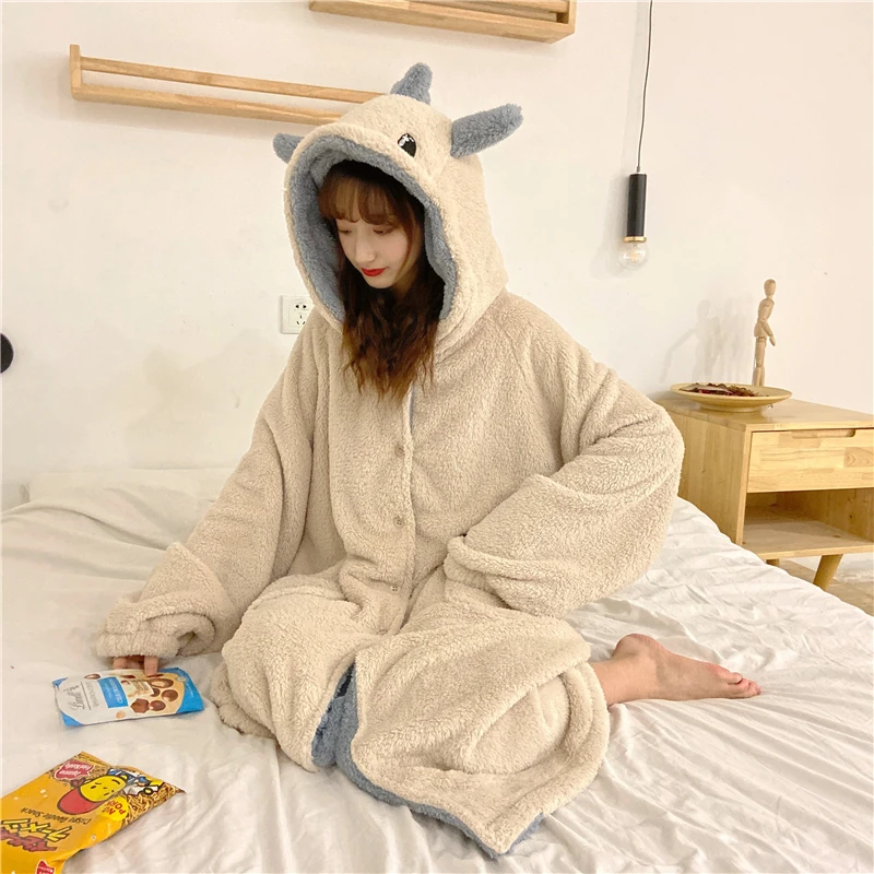 Autumn Winter Women Sweet Warm Lounge Pyjamas Female Cute Pajamas Cartoon Ears Hooded Sleepwear Coral Fleece Lady Home Clothes