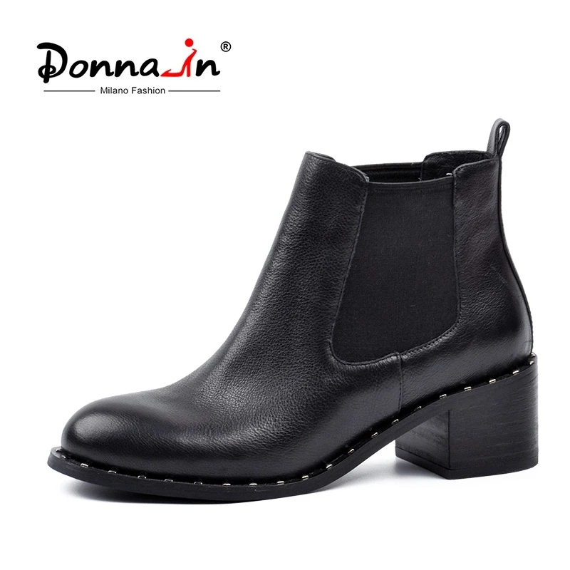Donna-in/женские ботинки из натуральной кожи; Женские Ботильоны на каблуке с круглым носком; черные ботинки «Челси»; женская обувь; сезон весна-осень