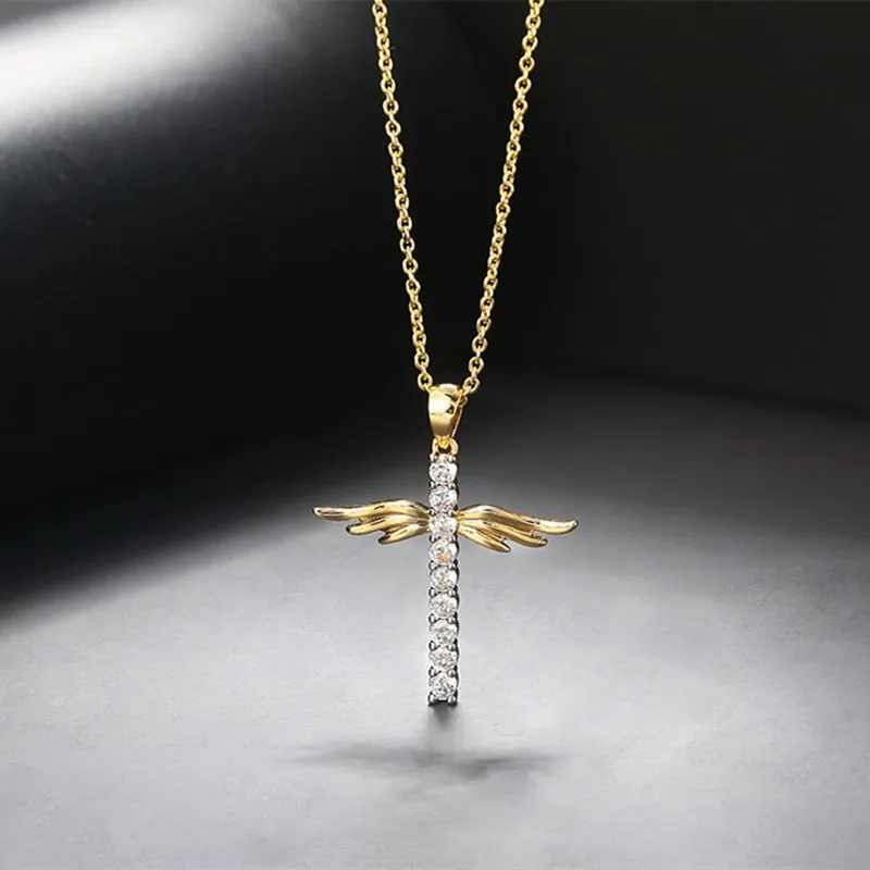 Новый очаровательный медный с блестящим кристаллом крест крылья ангела кулон