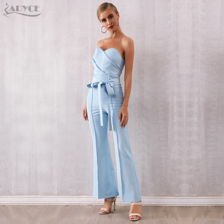 Женский клубный комбинезон с брюками ADYCE голубой облегающий бантом без бретелей