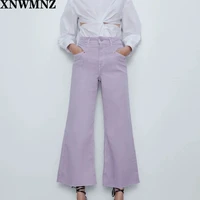 xnwmnz women jeans fashion purple jeans womens wide leg denim pants ripped tassel bottoms high waist streetwear 2021