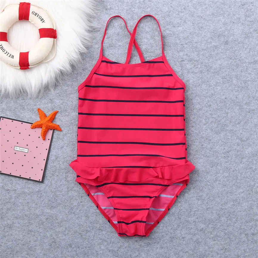 Цельный купальник Милый детский летний в полоску с оборками для девочек Удобные