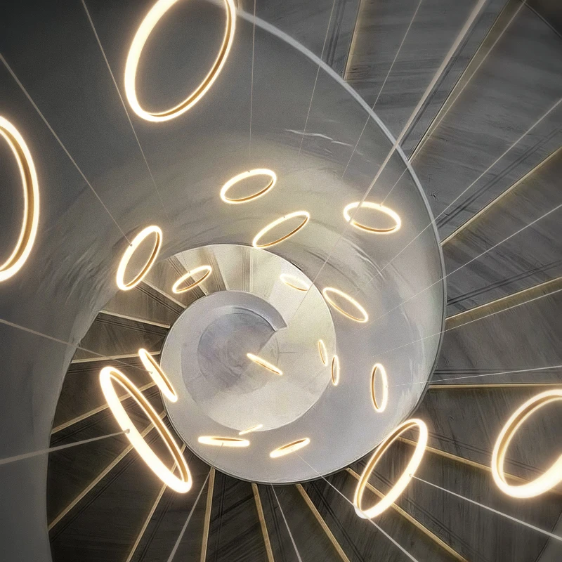 買取 現代のledリング天井シャンデリアスパイラル階段ランプリビングルーム照明ダイニングルームのインテリアホールライトハンギング