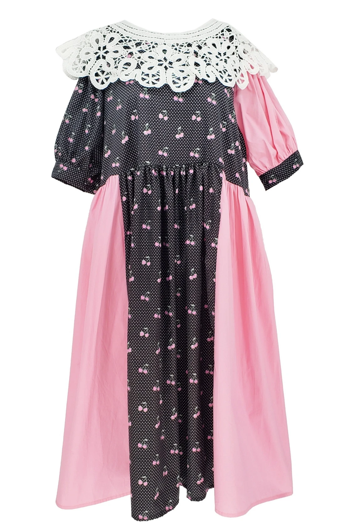 

Korean Cherry Print Lace Lace Collar Puff Sleeve High Waist Fake Two-Piece Color Matching Niche Dress Summer