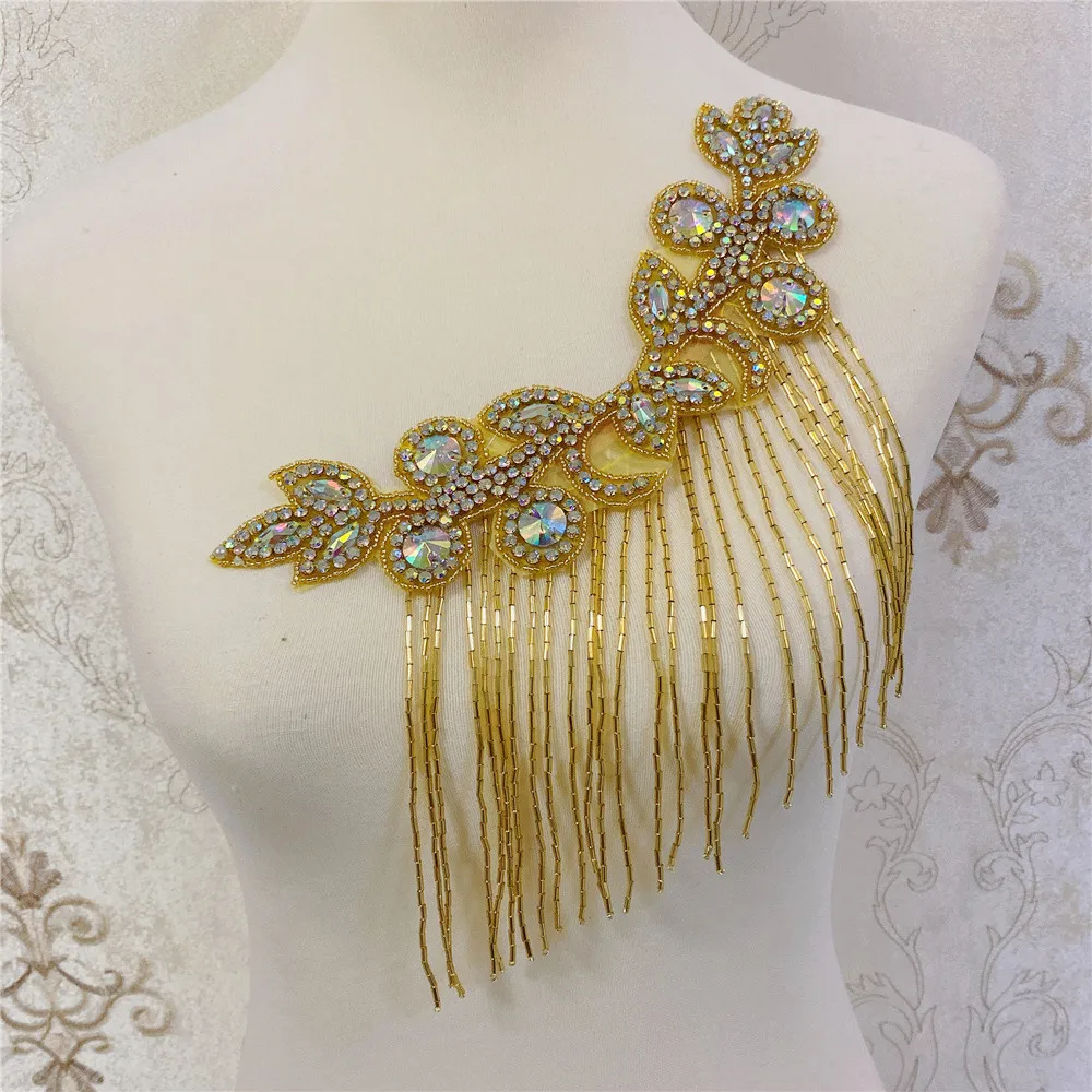 2pcs Details of wedding party rhinestone crystal shoulder pad applique with fringe | Дом и сад