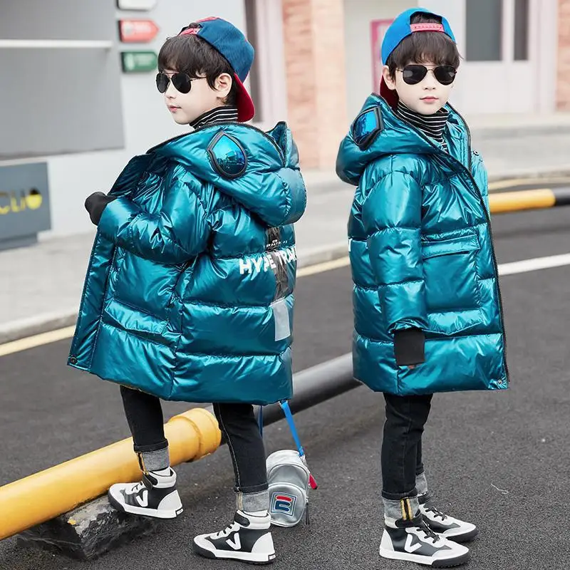 Boys Winter Jacket Cotton Down Big Children Clothes Winter Glasses Jacket Coat Mid-Length Handsome Kids Bright Leather Clothing