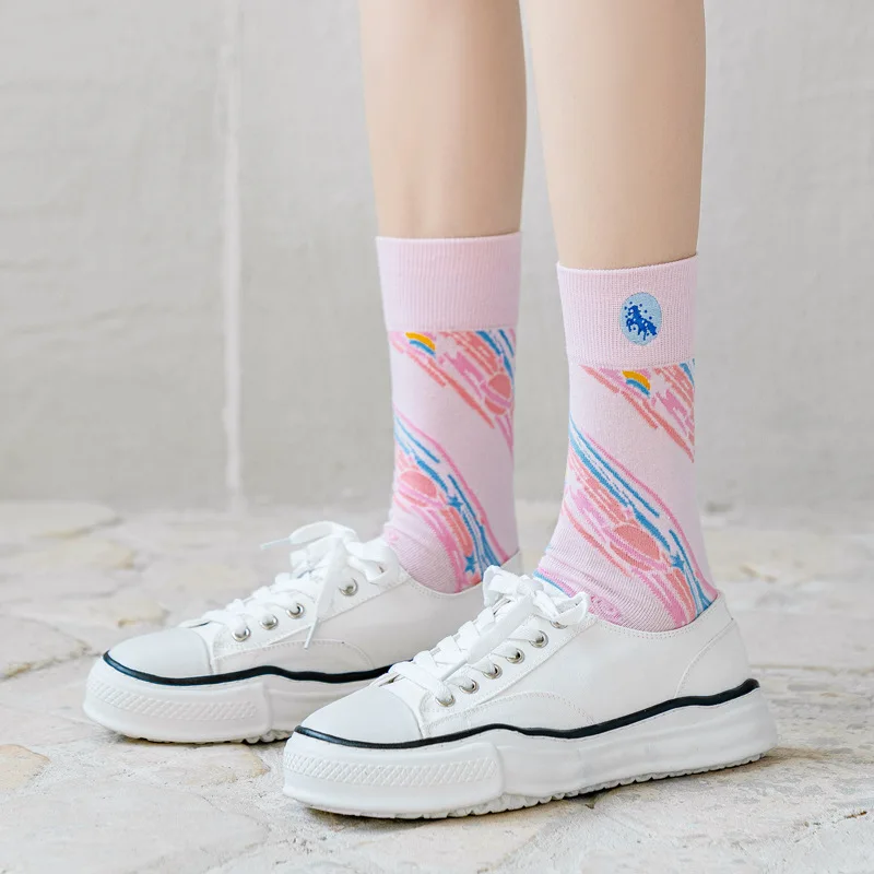 

Woman socks kawaii cartoon pattern funny unicorn striped pink socks Japan's latest trend cute medium tube socks Korean art socks