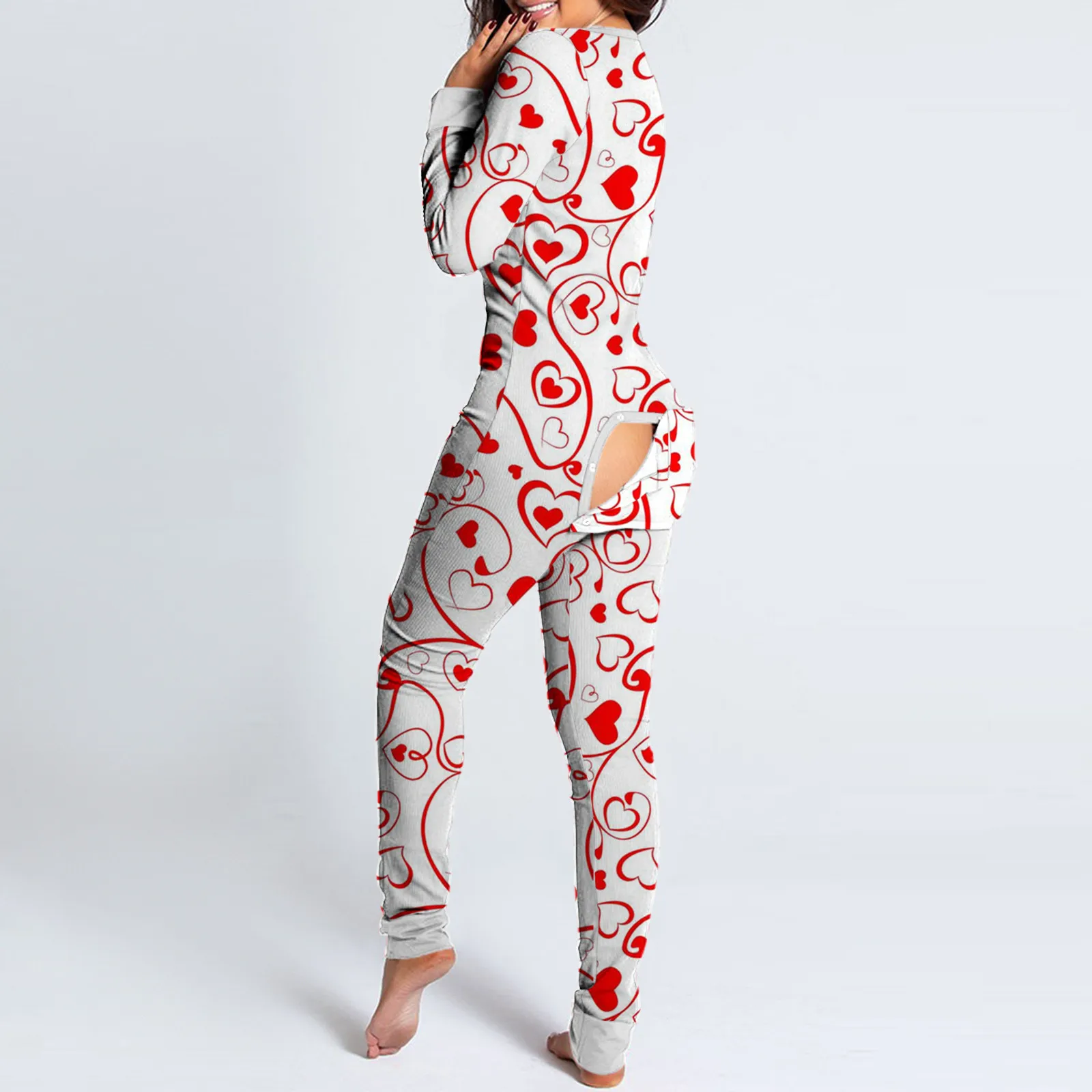 

Sexy Pijamas Women Hearts Cutout Functional Buttoned Flap Adults Pajamas Casual Long Sleeve V-neck Club Jumpsuit Female Home