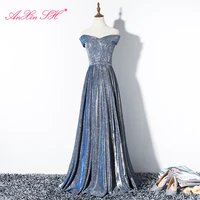 anxin sh princess silvery sparkly evening dress vintage party boat neck bride host a line lace up sequins silvery evening dress