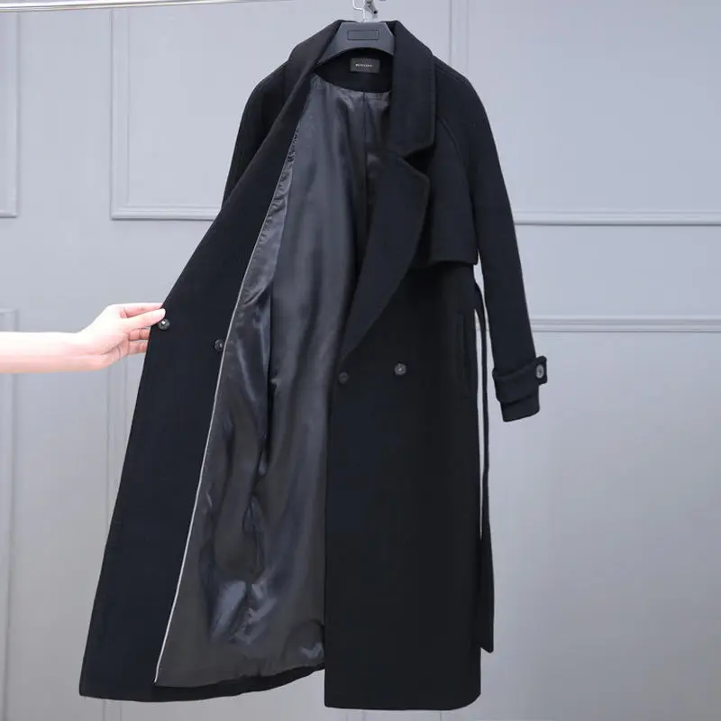 

Black Blend Woolen Coat For Women Autumn Winter Long Over The Knee Wool Jacket Female Korean Loose Large Size Overcoat Y561