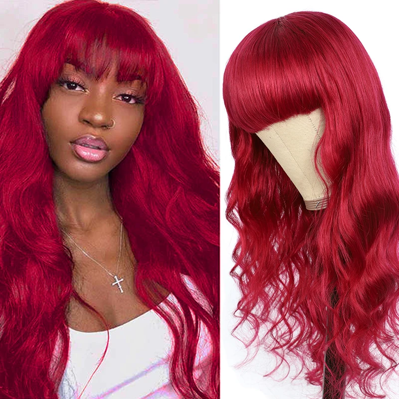 Бразильские Длинные парики из человеческих волос с челкой 99J/Бордовые Волосы KEMY