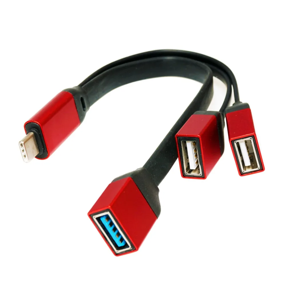 

USB3.1 Type-c to USB3.0 and dual USB2.0 HUB Flat USB-C cable Red color for Macbook & cellphone