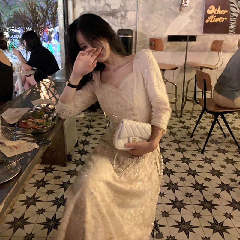 

Fairy Vintage Dress Women Evening Party Elegant Midi Dress Female Embroidery Floral Designer One-Piece Drees Korean 2021 Summer