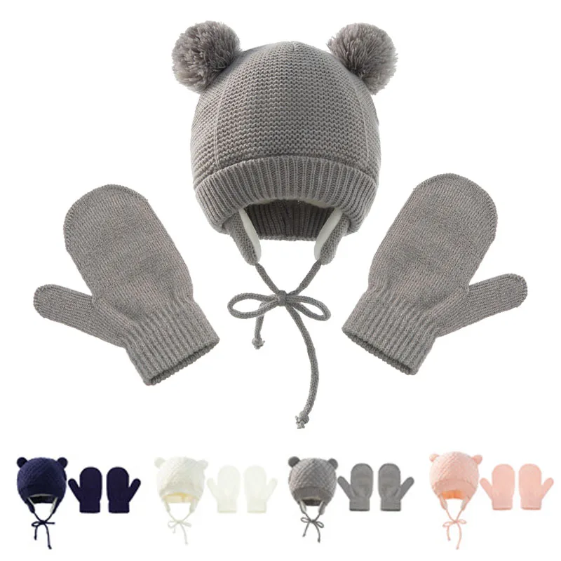 

Зимняя шапка и перчатки для маленьких девочек, теплый однотонный комплект, Прямая поставка, детская шапка с помпоном и перчатка, Трикотажна...