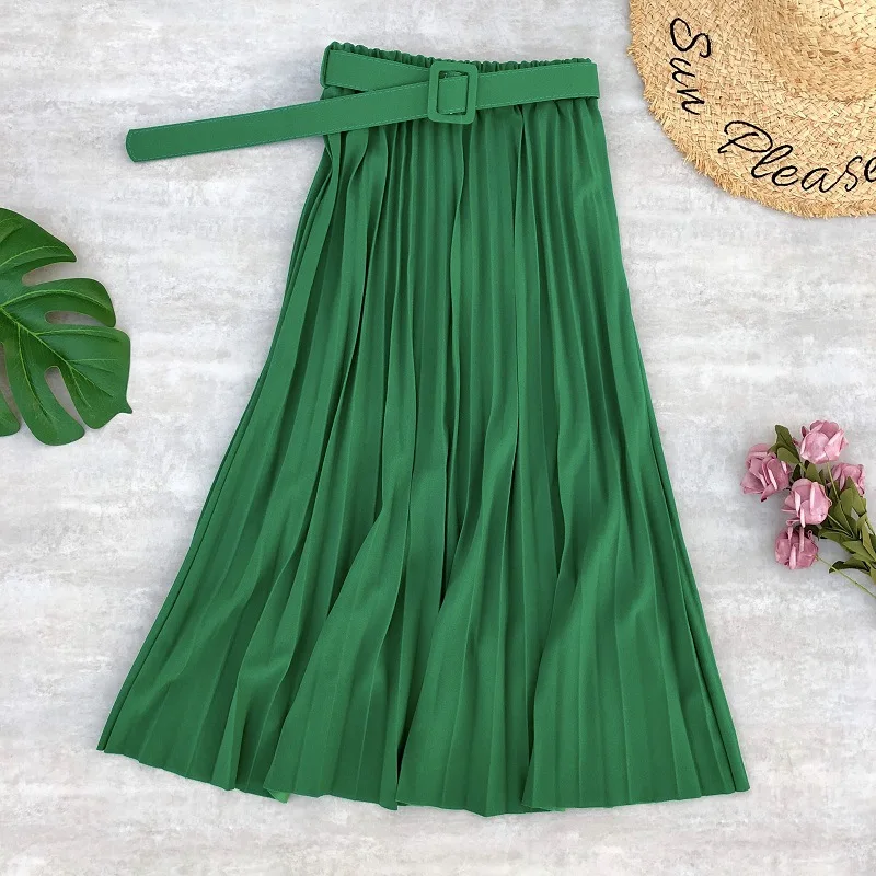 

Spring Summer Thick Chiffon Long Pleated Skirts Solid Color Candy Lush Drape A-line Calf Long Skirts Red Yellow Pink Blue Green