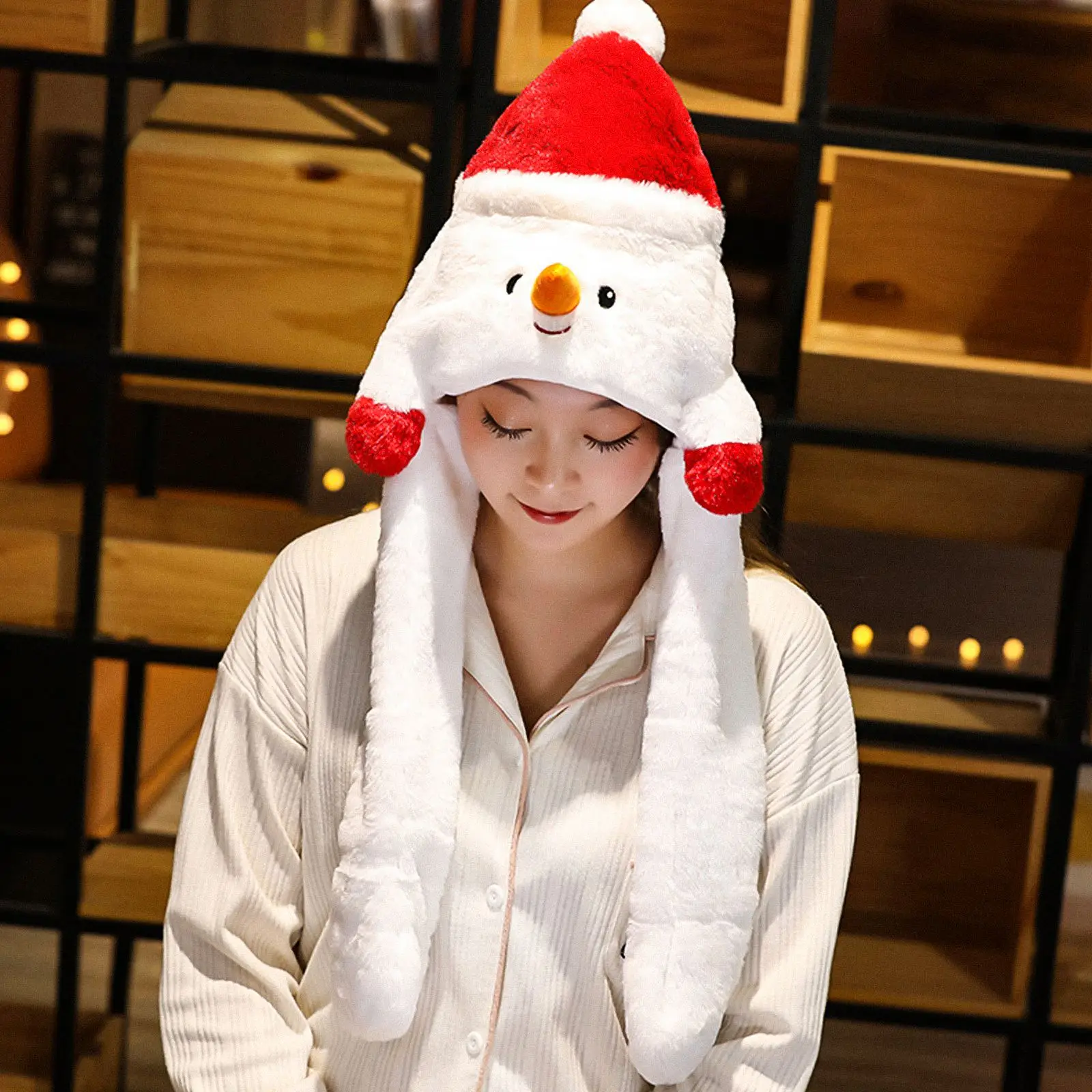 

Christmas Santa Claus Snowman Hat Beanie Plush Can Moving Bunny Ears Hat Glowing Shine Earflaps For Women Child Girls