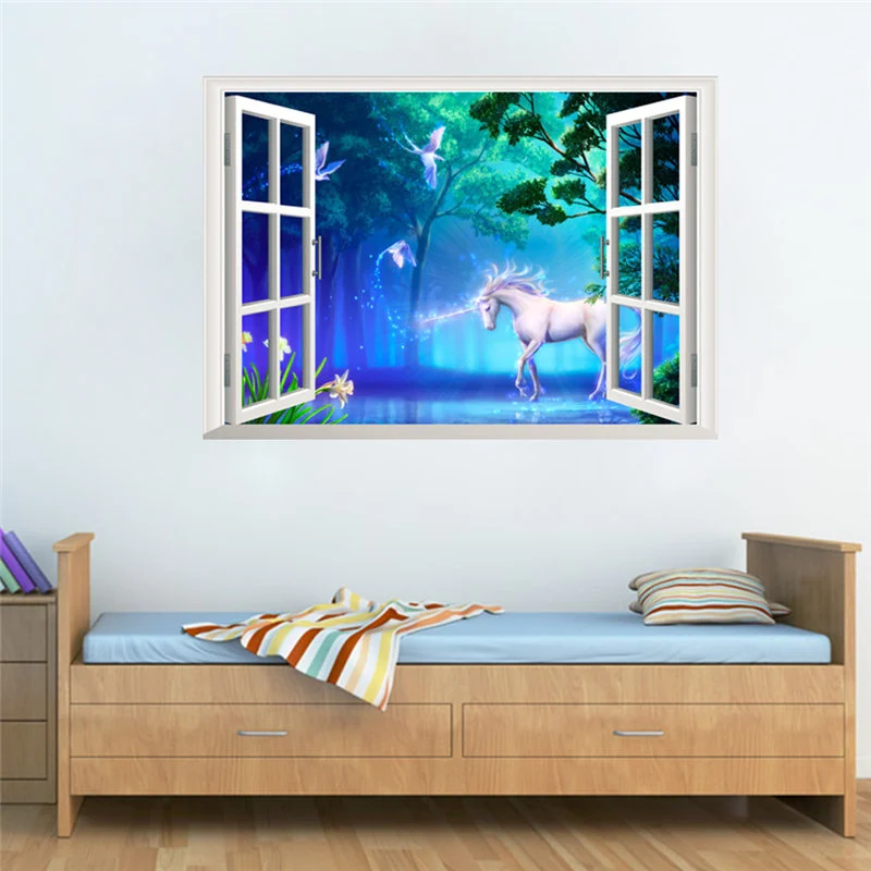 

Fantastic Unicorn 3D Window Wall Sticker For Kids Room Bedroom Home Decoration Animal Forest Scenery Mural Art Diy PVC Decals