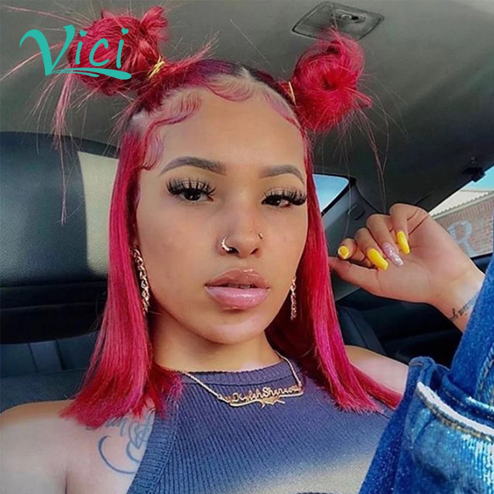 Прямой парик Боб вырез Фея короткие красные 360 фронтальные человеческие волосы