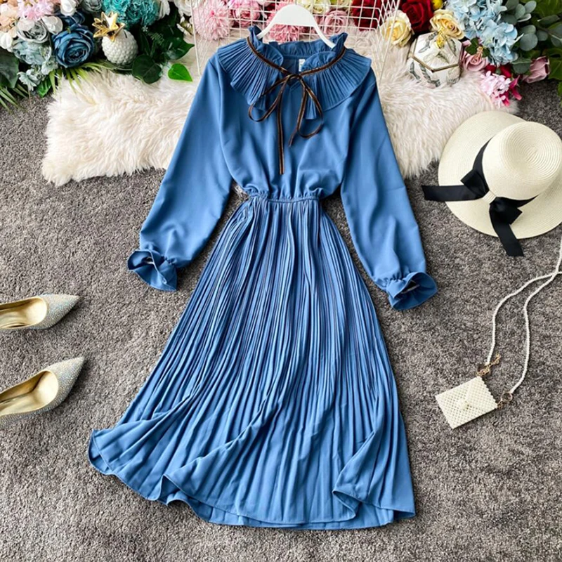 Женское винтажное плиссированное платье миди элегантное с воротником-стойкой